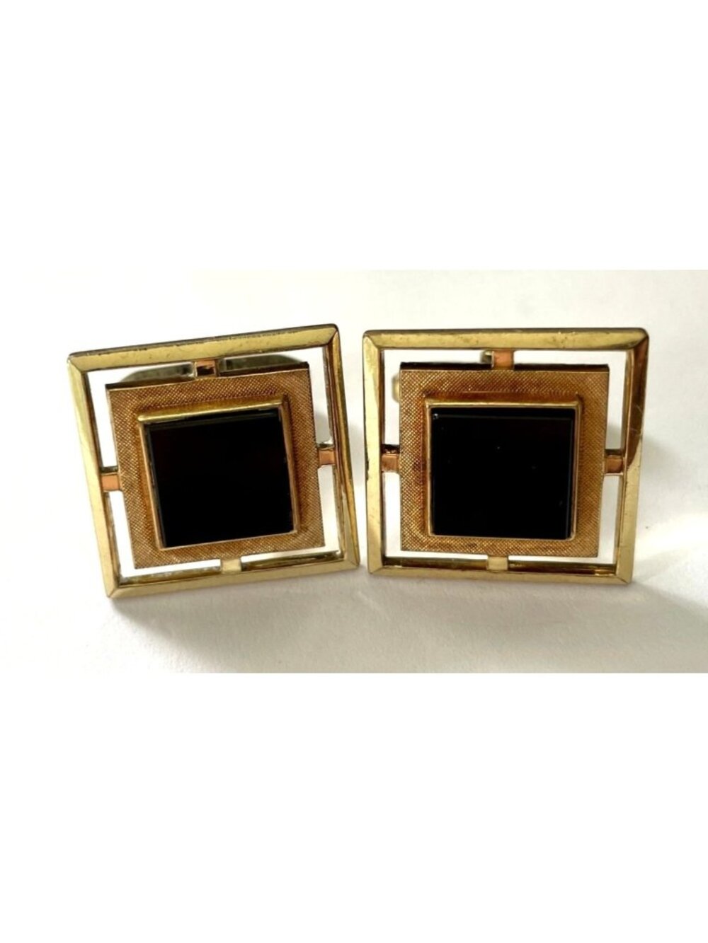 Vintage Mid Century Shields Fifth Avenue CHAP Gold Black Onyx Geometric Cufflink